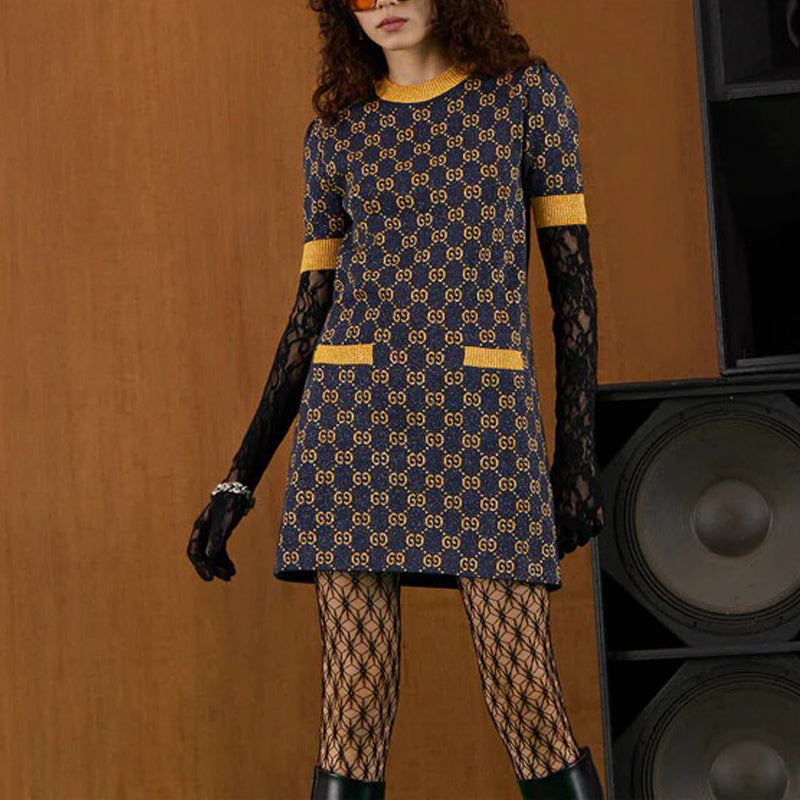 (WMNS) Gucci GG lam jacquard dress 'Navy Gold' 692707-XKB54-4597