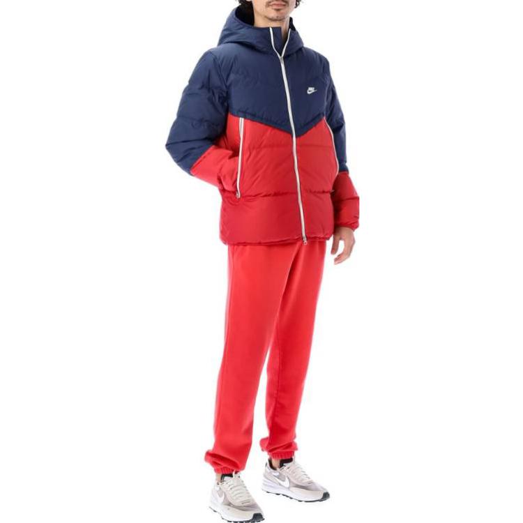 Men's Nike Colorblock Logo Casual Hooded With Down Feather Jacket Red Blue DD6795-410