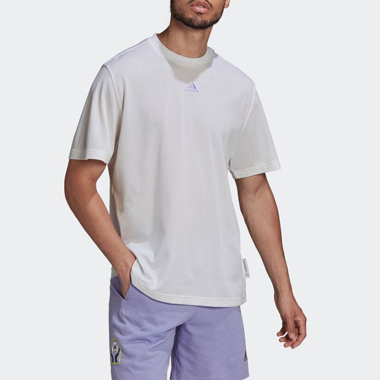 Men's adidas Mesh Breathable Large Logo Round Neck Short Sleeve Japanese Version White T-Shirt HB6556