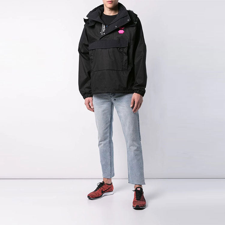 Men's Off-White Logo Pullover Hooded Jacket Loose Fit Black OMEA167R19C050211000