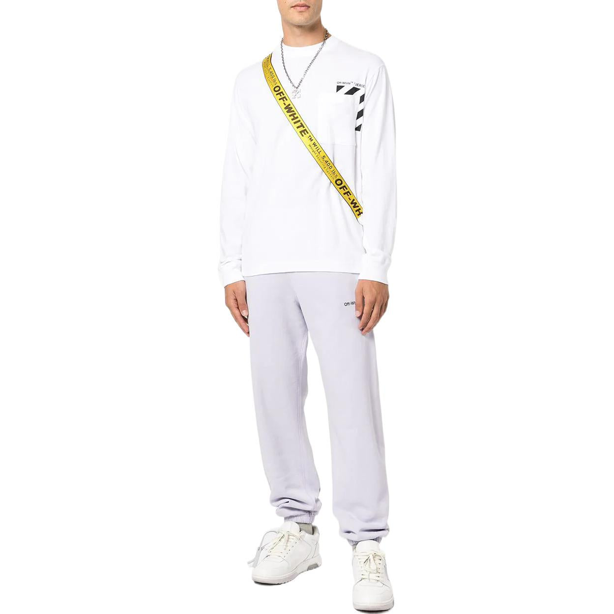 Men's Off-White SS22 Stripe Logo Printing Pullover Round Neck Long Sleeves White T-Shirt OMAB069C99JER00101100110