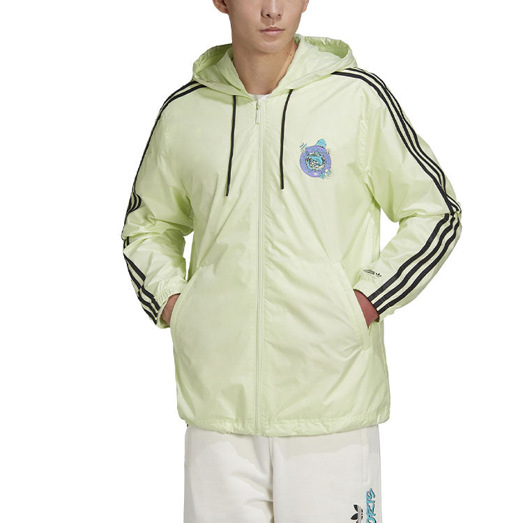 Men's adidas originals Zipper Stripe Alphabet Hooded Long Sleeves Sports Jacket Green HF4865