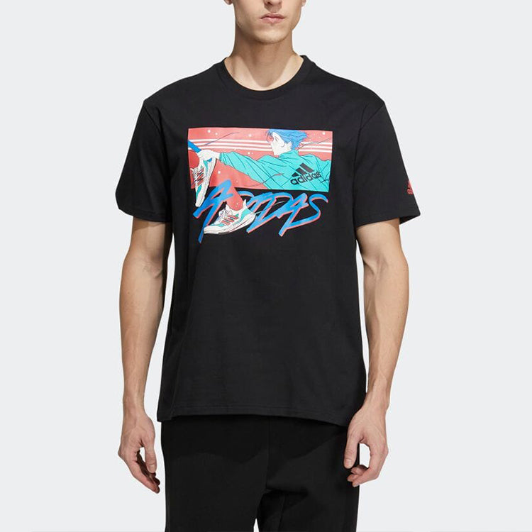 adidas Comics Alphabet Printing Round Neck Short Sleeve Japanese Version Black T-Shirt HI5940