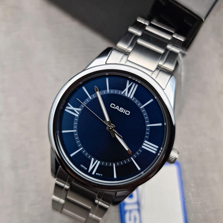 Men's CASIO DRESS Series Minimalistic Retro Small Business Watch Navy Blue Mens Dark Blue Analog MTP-V005D-2B5