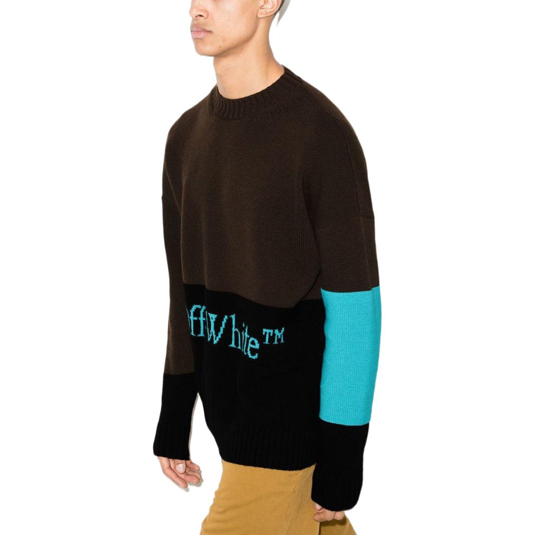 Men's Off-White FW22 Colorblock Logo Intarsia Round Neck Long Sleeves Wool Sweater Version Dark Brown OMHE048S22KNI0015643