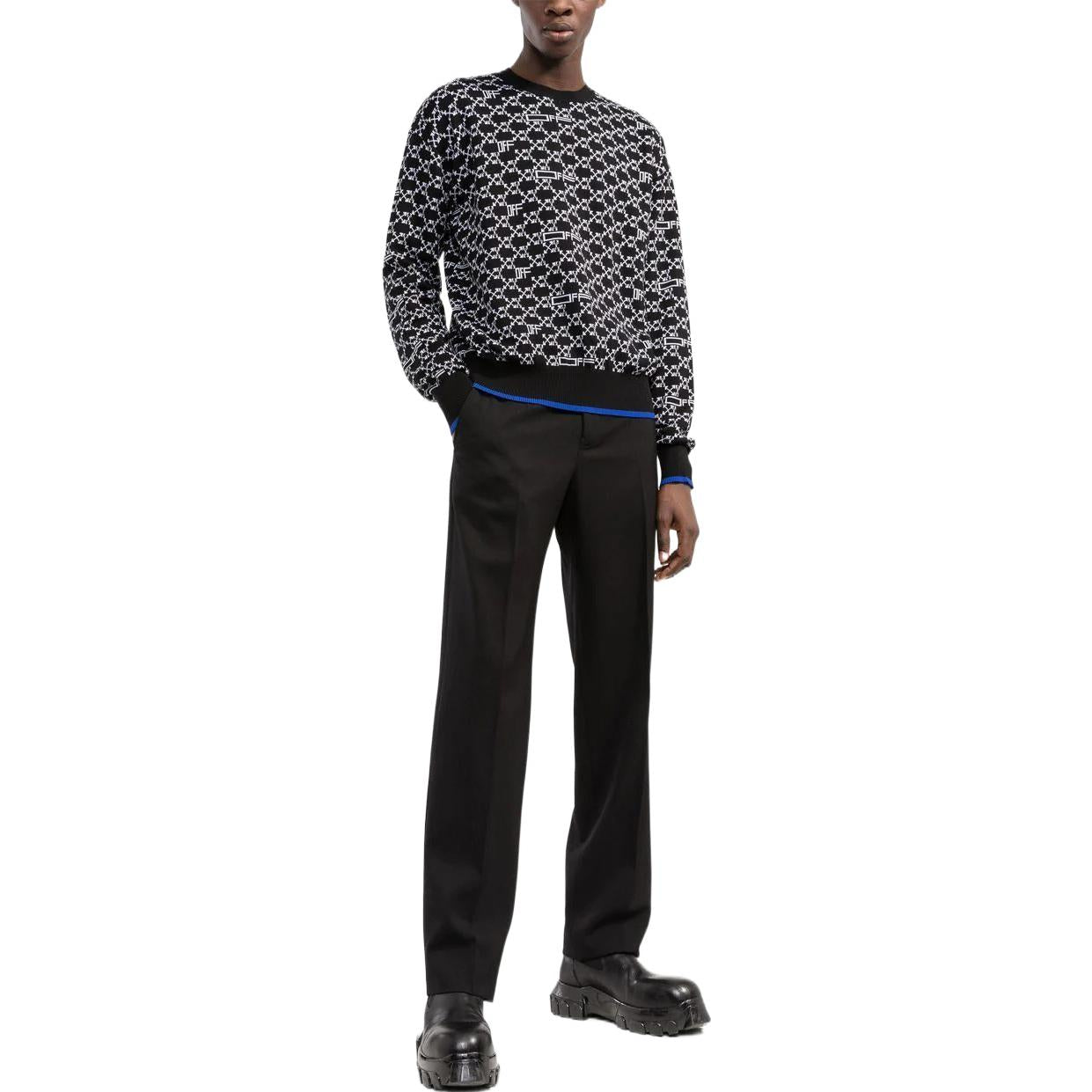 Men's Off-White SS22 Logo Intarsia Knit Round Neck Long Sleeves Wool Sweater Black OMHE118S22KNI0011001