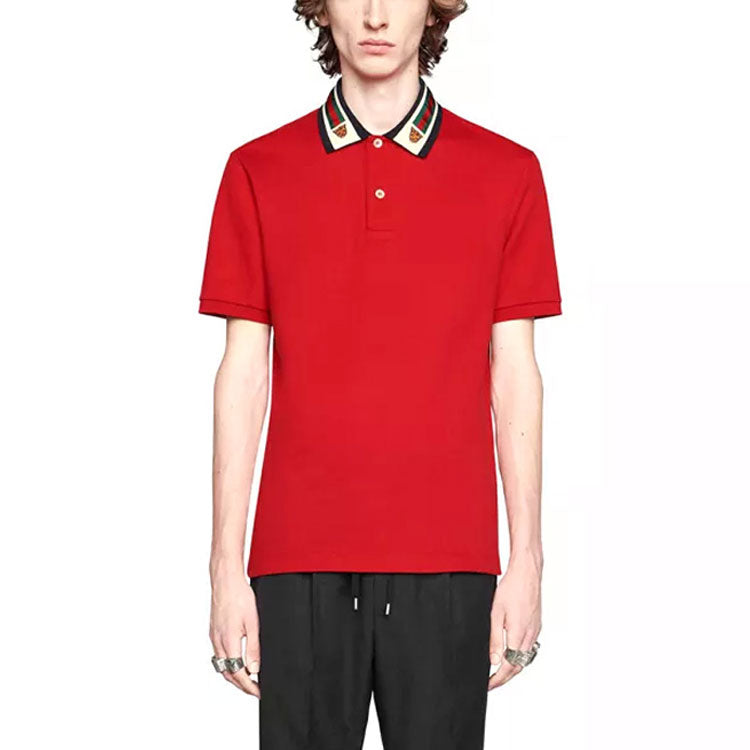 Men's Gucci Stripe Webbing Embroidered Tiger Head Red Polo Shirt 545714-XJAGU-6057