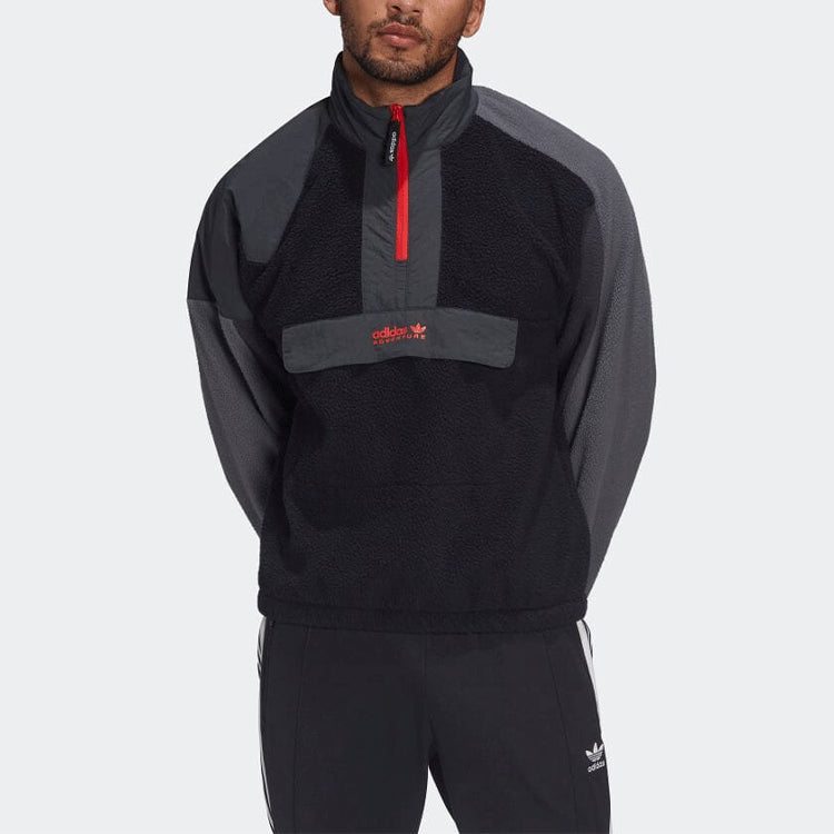 adidas originals Fleece Colorblock Half Zipper Stand Collar Jacket Black Gray HF4763