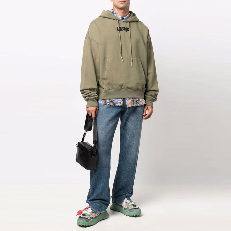 Men's Off-White FW21 Chest Logo Printing Drawstring Hood Long Sleeves Loose Fit Green OMBB037F21FLE0025510