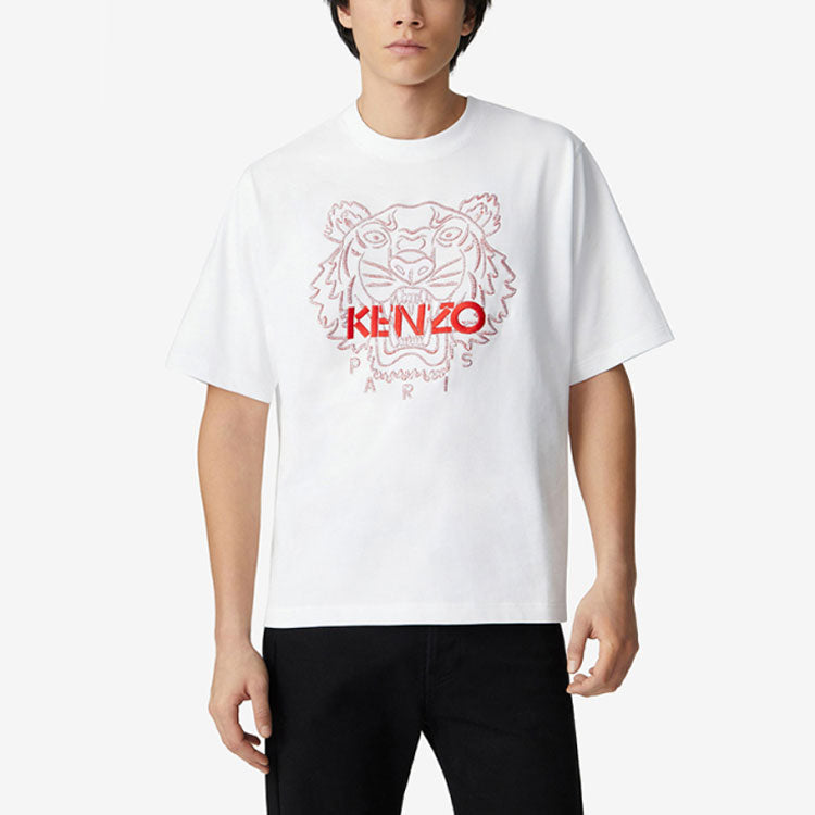 Men's KENZO China Series Alphabet Embroidered Pattern Round Neck Short Sleeve White FB55TS0654SD-01