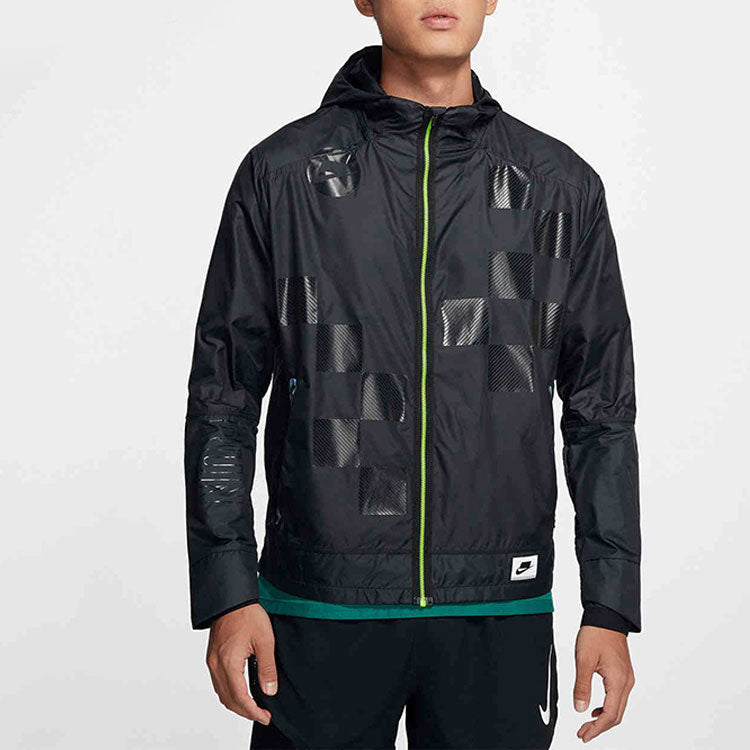 Men's Nike Shield Flash Running Sports Hooded Logo Jacket Black BV5616-010