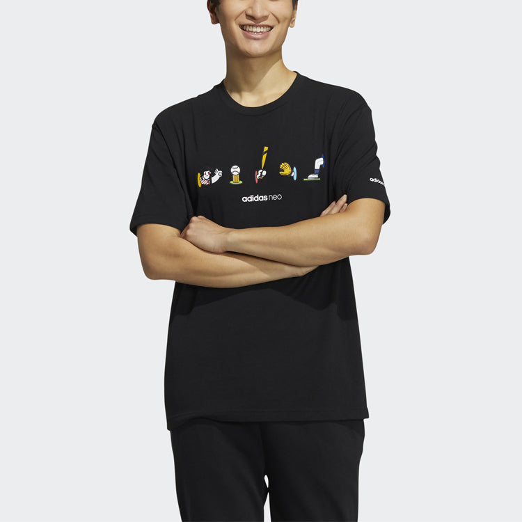 adidas neo M Splf Tee 1 Cartoon Printing Sports Loose Round Neck Short Sleeve Black HC3832