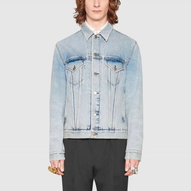 Gucci Flocking Bear Pattern Denim Jacket For Men Blue 488405-XR868-4048