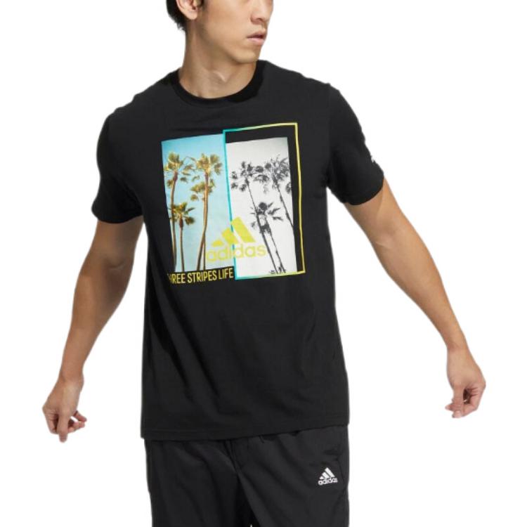 Men's adidas Plant Printing Round Neck Pullover Short Sleeve Japanese Version Black T-Shirt HN0399