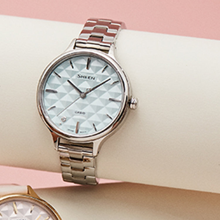 CASIO SHEEN Series Minimalistic 3D Rhombus Business Watch SHE-4545D-2AUPR Light Blue Analog SHE-4545D-2AUPR-PERSON
