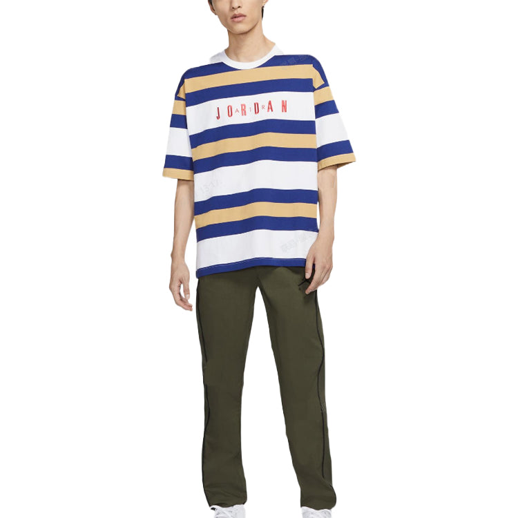 Men's Air Jordan SS22 Stripe Logo Round Neck Short Sleeve Blue White T-Shirt DV6668-100