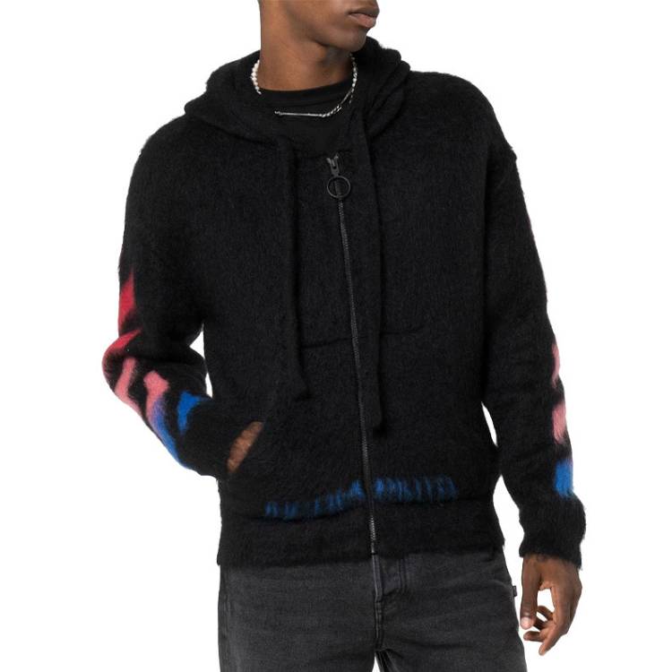 Men's Off-White Nylon Hooded Zipper Knit Black OMHA073E19B020241088