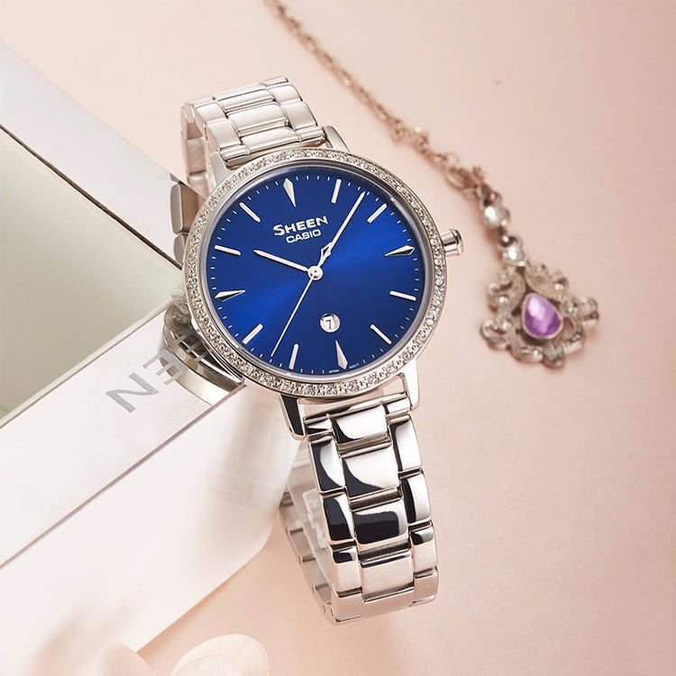 CASIO Sapphire Crystal SHEEN Waterproof Stainless Steel Strap White/Blue Analog SHE-4535YD-2A