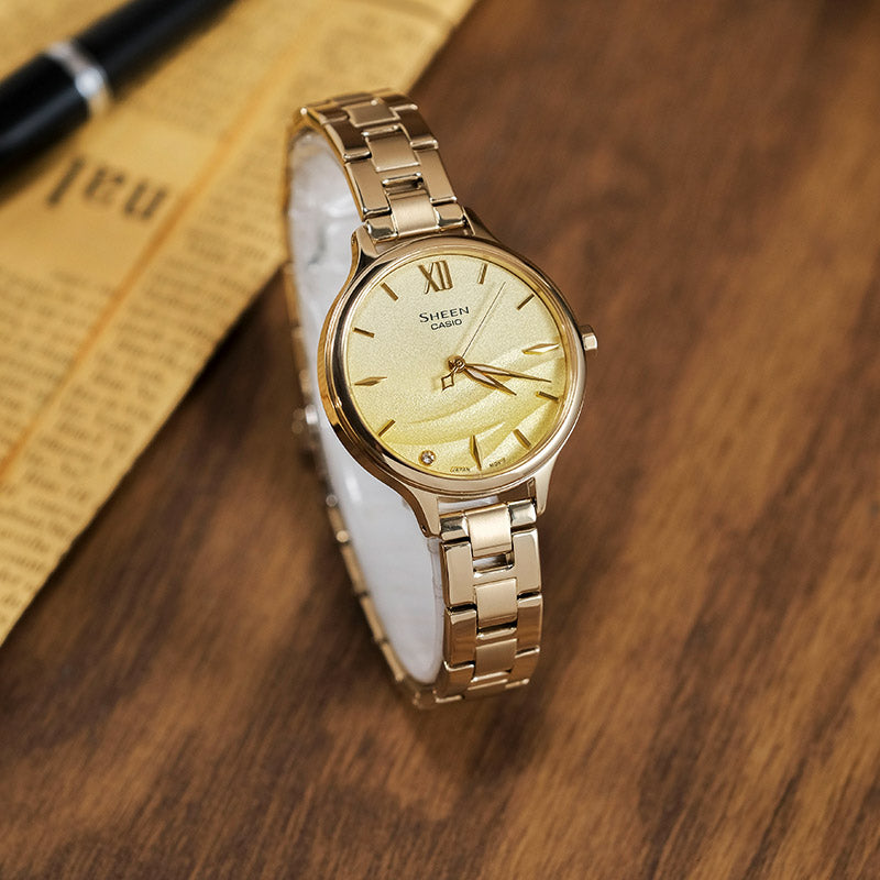 CASIO SEAWAVE Subject Fashion 3d Minimalistic Watch Sapphire Crystal Gradient Gold SHE-4550G-9AUPR