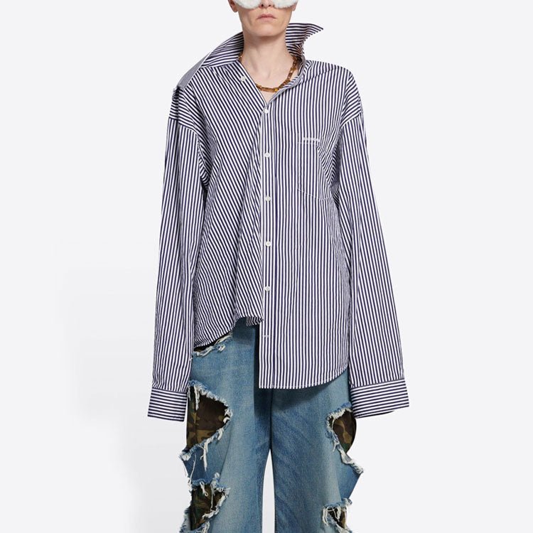 Balenciaga FW21 Stripe Long Sleeved Shirt Dark-Blue 663034TIM368502