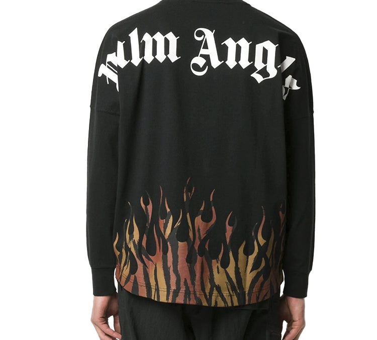 Men's PALM ANGELS Brown Angel Tiger Flame Long Sleeves Black PMAB001E20JER0011020