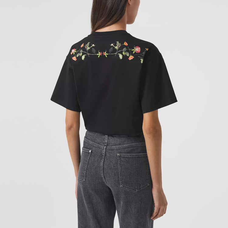 Burberry Rose Printing Cotton Loose Short Sleeve Black 80372951