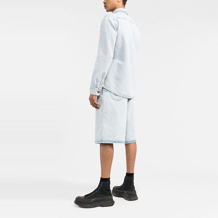Off-White Logo Printing Solid Color Long Sleeves Shirt Blue OMYD027C99DEN0034001