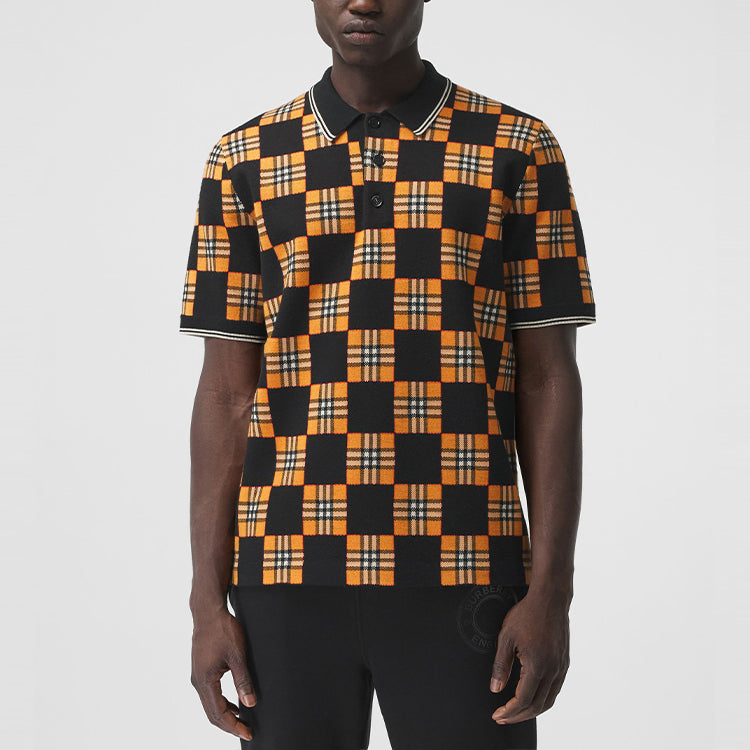 Men's Burberry SS21 Contrasting Colors Plaid Jacquard Short Sleeve Polo Shirt Orange 80410241