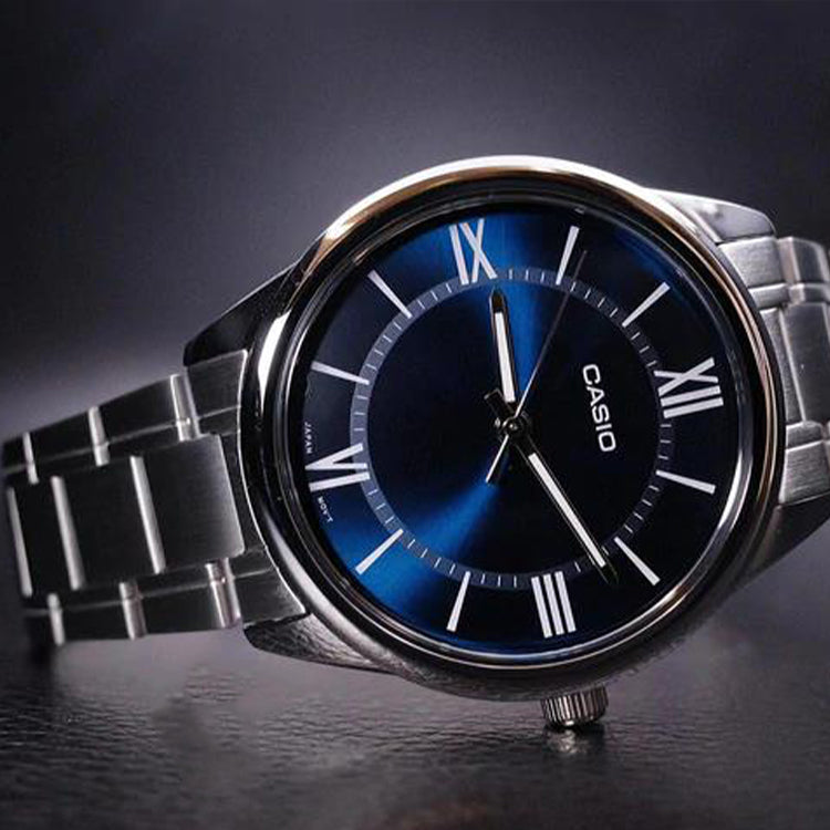 Men's CASIO DRESS Series Minimalistic Retro Small Business Watch Navy Blue Mens Dark Blue Analog MTP-V005D-2B5