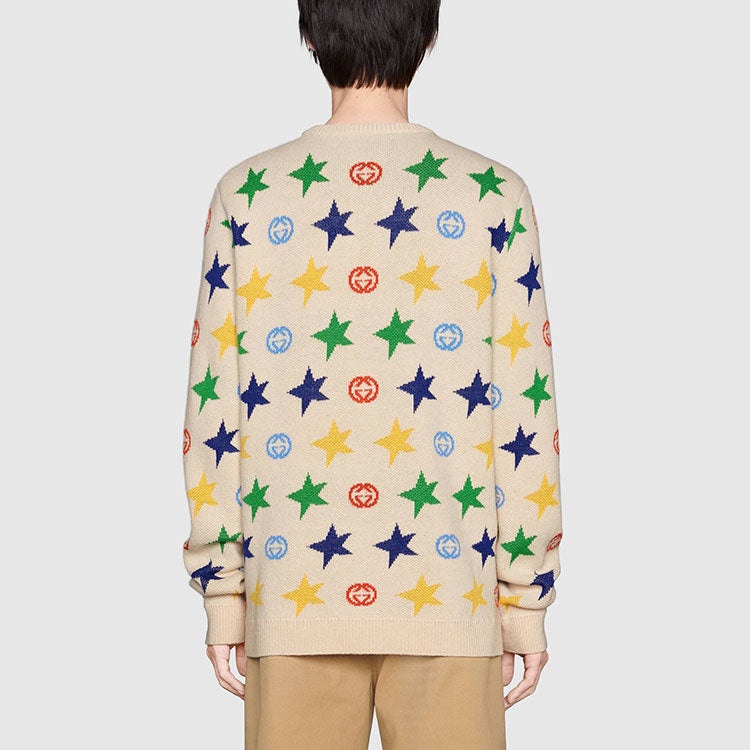 Men's Gucci FW21 Star Full Print Round Neck Wool Sweater Beige 661835-XKBXY-9275
