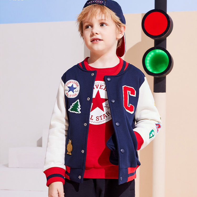 (GS) Converse Color-blocked Embroidered Baseball Jacket Asia Sizing 'Navy White Red' CV2242170GS-001