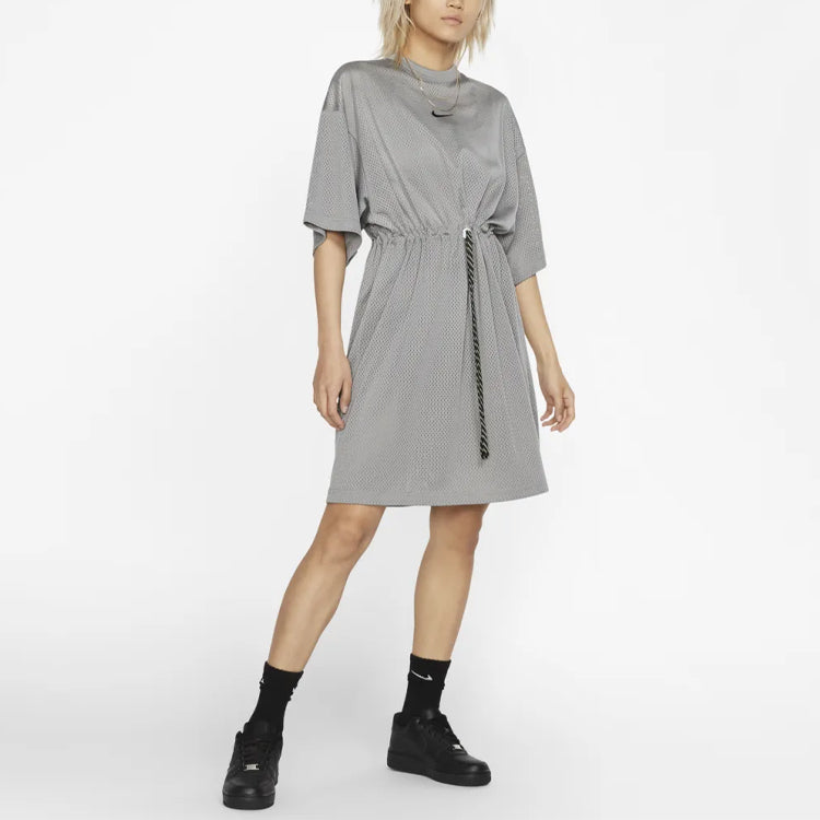 (WMNS) Nike Minimalistic Round Neck Mesh Tied Waist Dark Grey Dress CJ0177-002