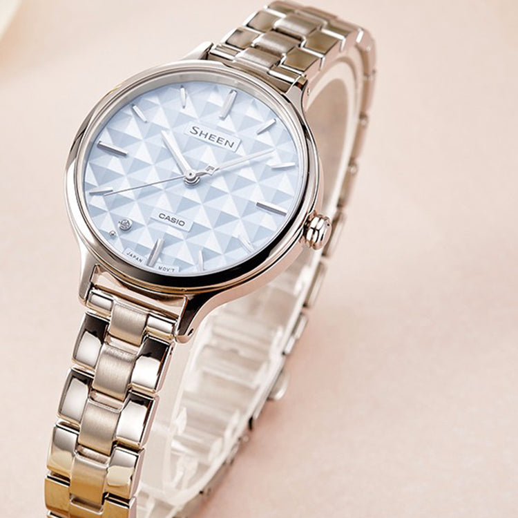 CASIO SHEEN Series Minimalistic 3D Rhombus Business Watch SHE-4545D-2AUPR Light Blue Analog SHE-4545D-2AUPR-PERSON