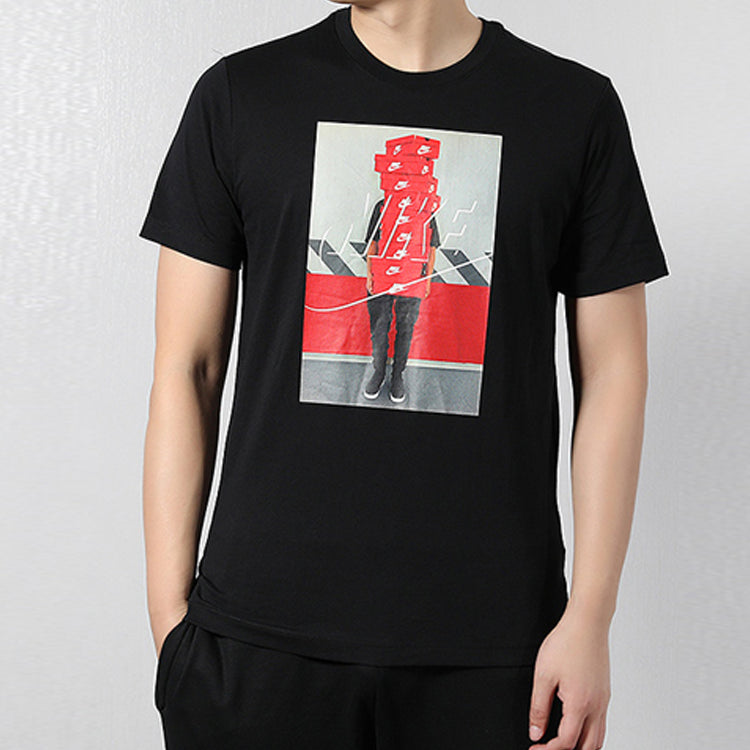 Nike Sportswear Shoe Printing Round Neck Casual Sports Short Sleeve Black BQ0069-010