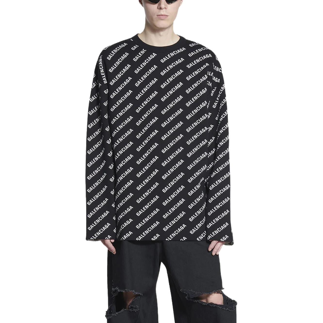 Balenciaga All Over Logo Crewneck Sweater 'Black White' 702952T32331070