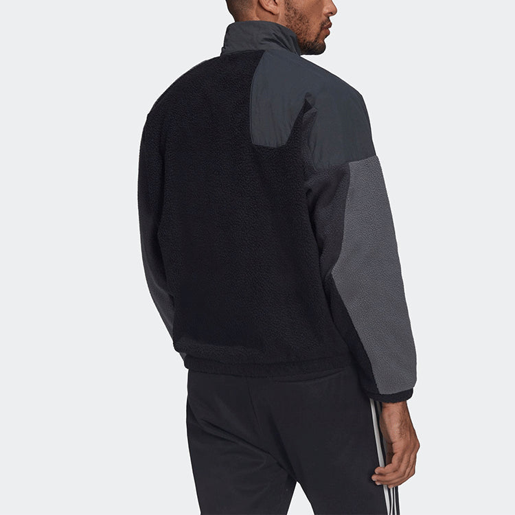adidas originals Fleece Colorblock Half Zipper Stand Collar Jacket Black Gray HF4763