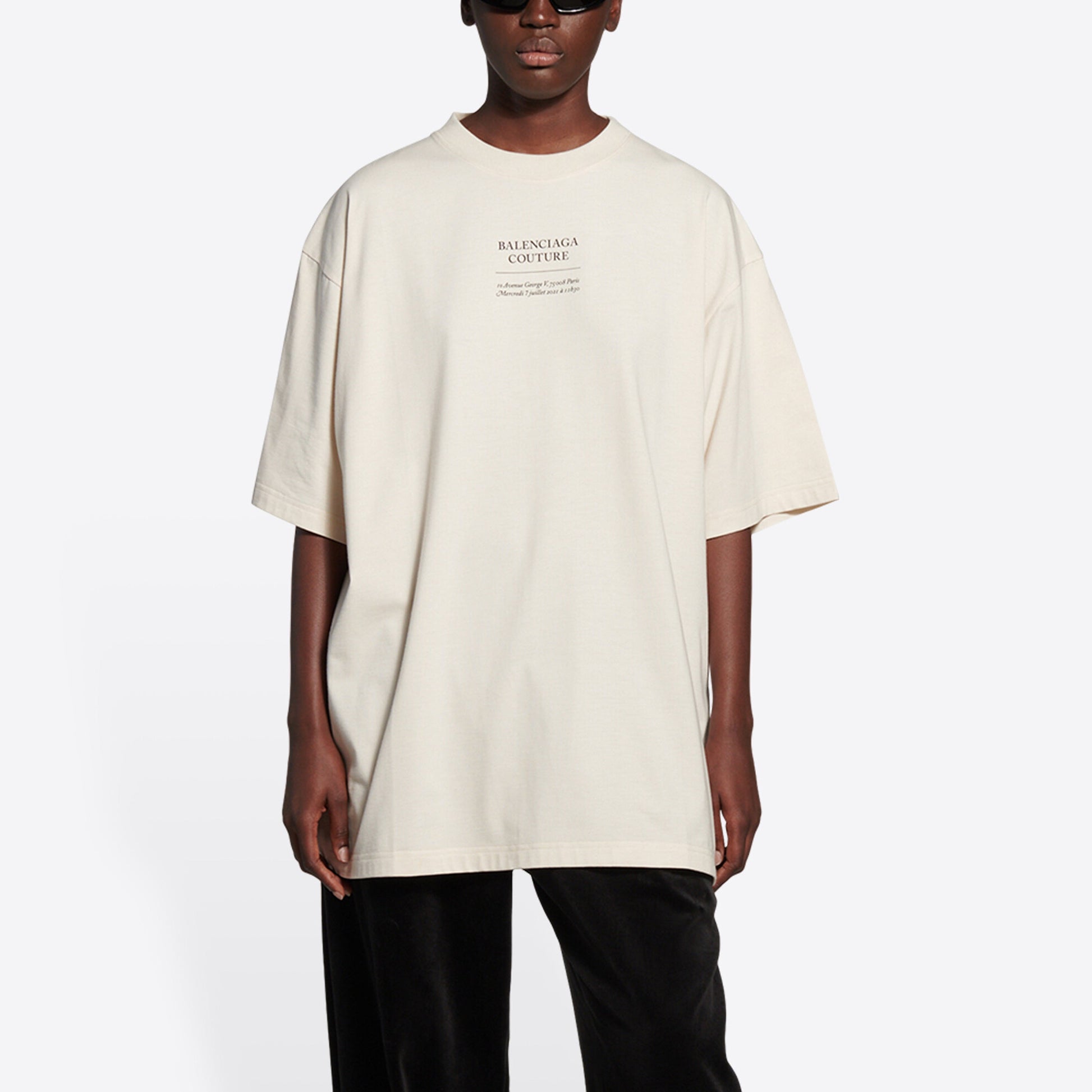 Balenciaga FW21 Couture Boxy Alphabet Printing Round Neck Pullover Short Sleeve Beige 651795TJV900905