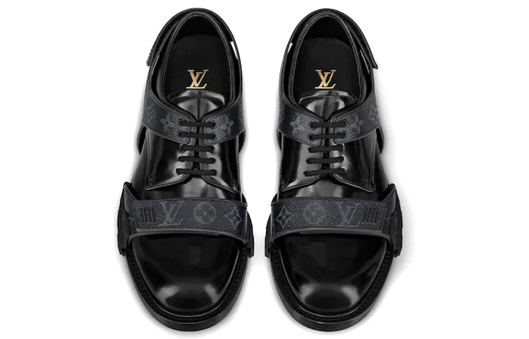 LOUIS VUITTON Harness Derby Shoes 'Black with Monogram Straps' 1A8ACU