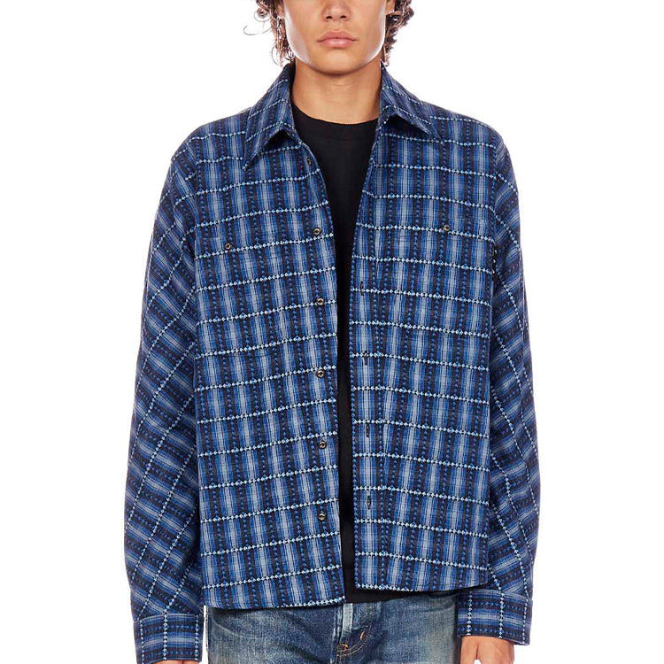 Men's Off-White Flannel Plaid Blue Shirt OMGA133F20FAB0014501