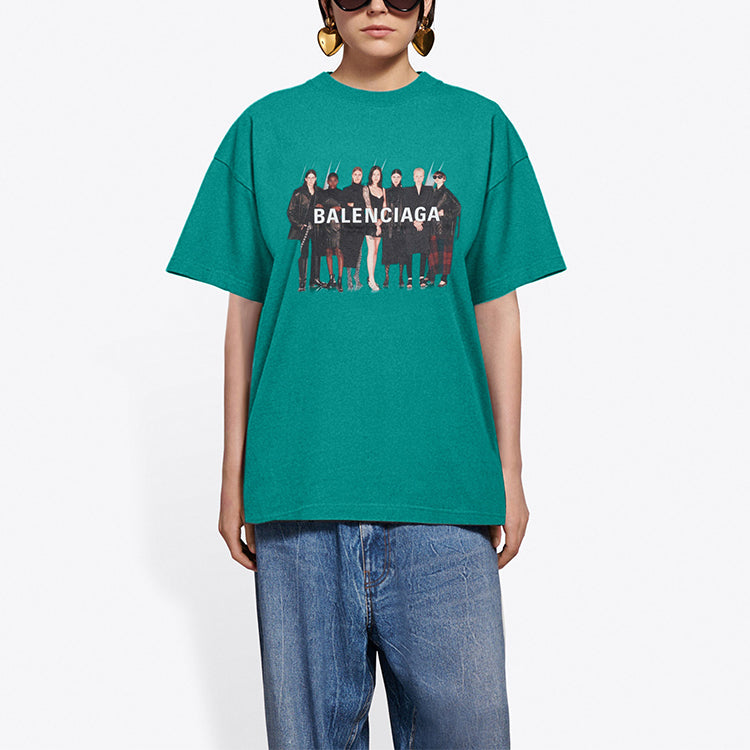 Balenciaga Band Portrait Printing Logo Retro Loose Short Sleeve Green 612965TIV473640