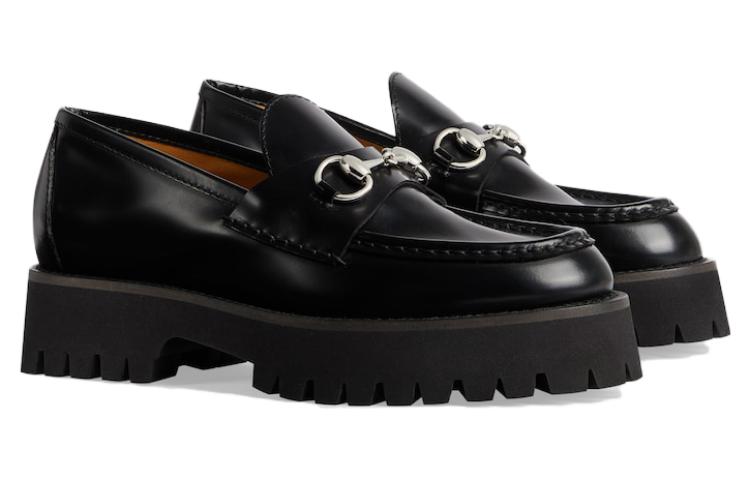(WMNS) Gucci Rubber lug sole loafer with Horsebit 'Black Leather' 764211-DS800-1000