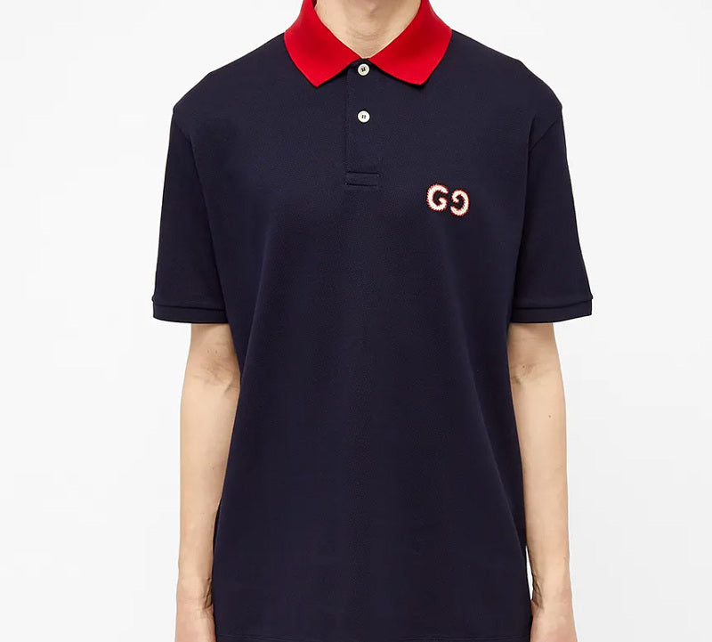 Gucci GG Logo Embroidered Contrasting Colors Short Sleeve Polo Shirt Navy Blue 574086-XJA6C-4062
