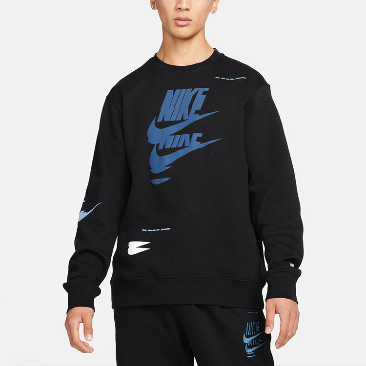 Nike Sportswear Sport Logo Printing Fleece Round Neck Pullover 'Black Blue' DM6876-010