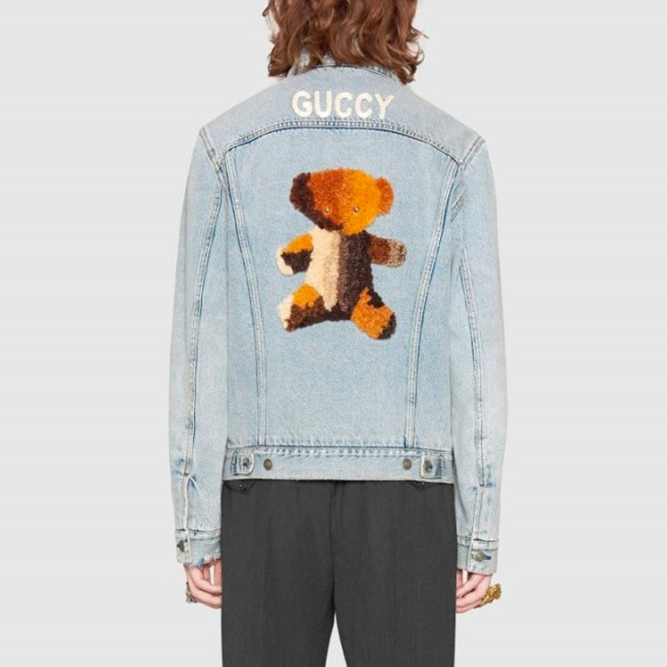 Gucci Flocking Bear Pattern Denim Jacket For Men Blue 488405-XR868-4048