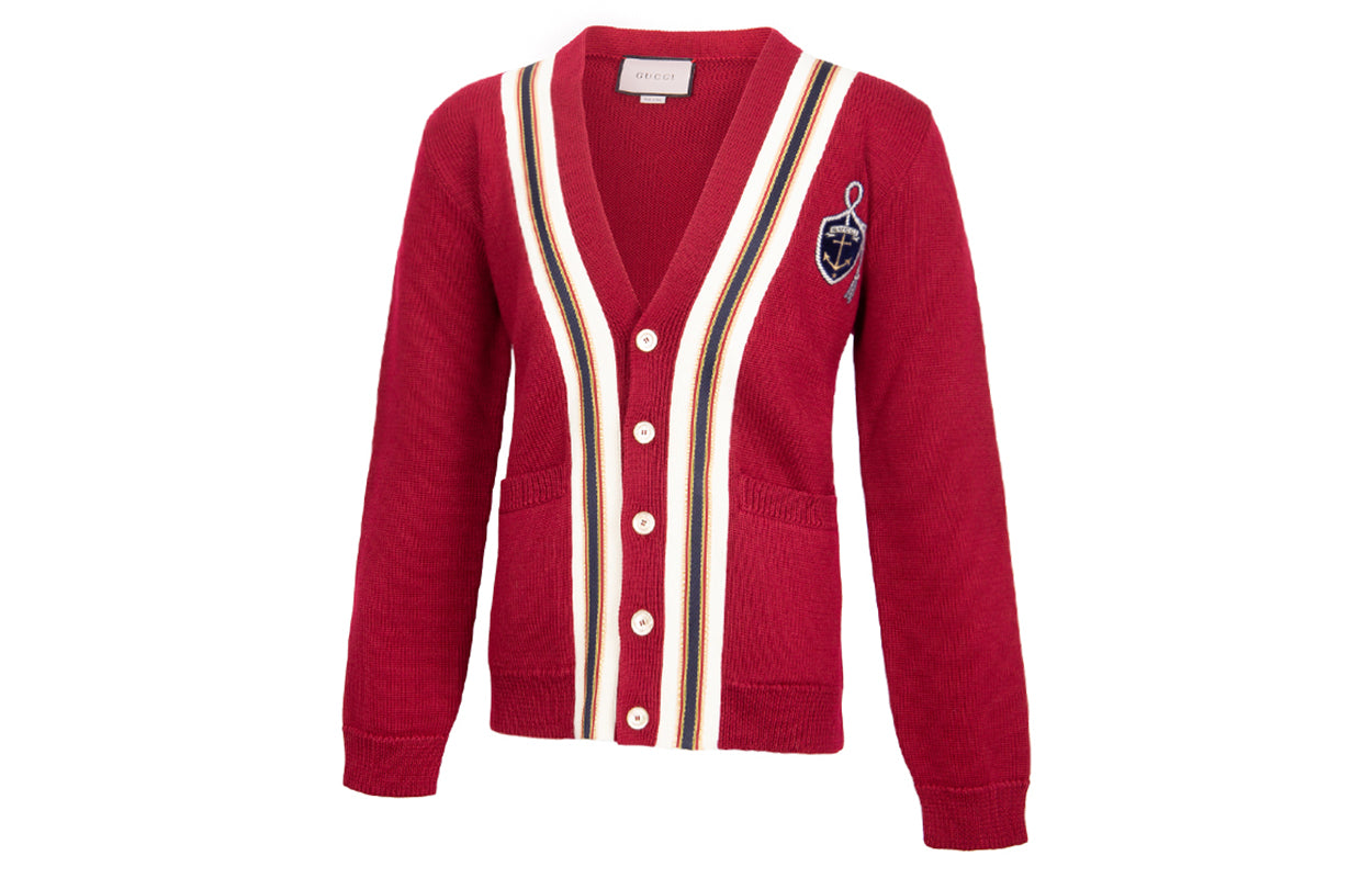 Men's Gucci Logo Badge Stripe Wool Knitting Cardigan Wool Sweater Red 545764-XKAEA-6066