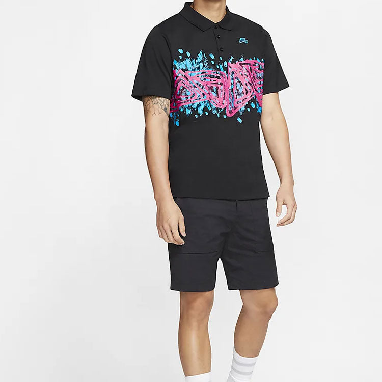 Nike SB Printing Pattern Skateboard Short Sleeve Polo Shirt Black BV1031-010