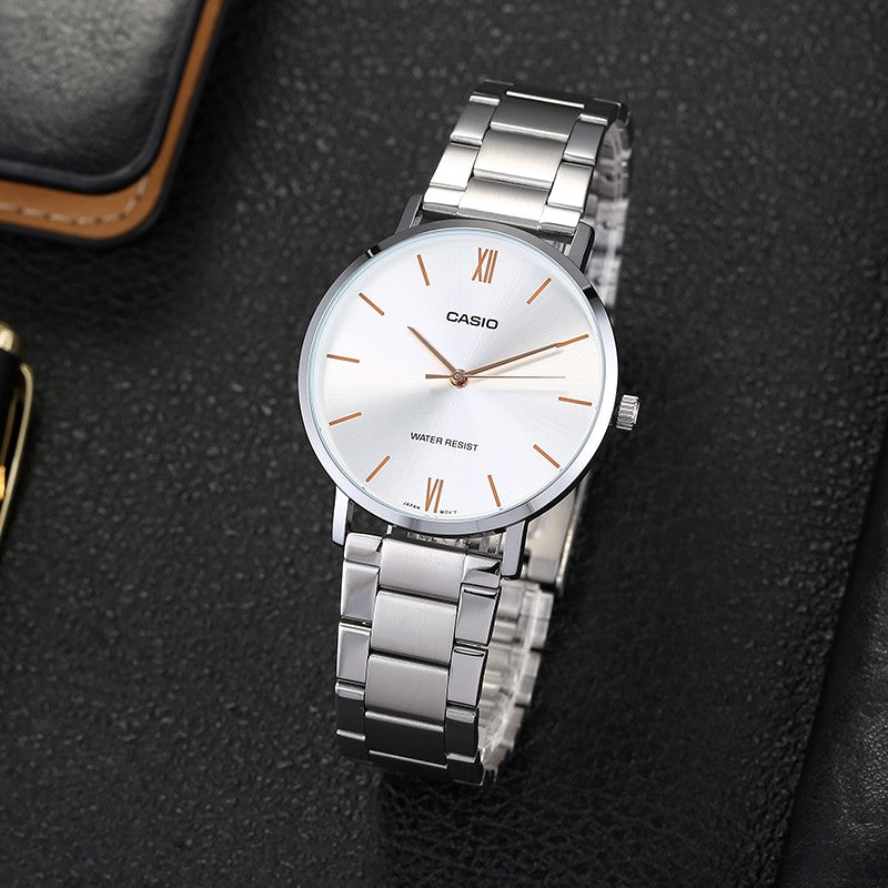 CASIO Waterproof Stainless Steel Silver Quartz Unisex Mens White Analog MTP-VT01D-7B