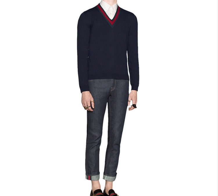 Gucci V-Neck Green And Red Striped Knitted Sweater For Men Navy 408147-X1317-4060
