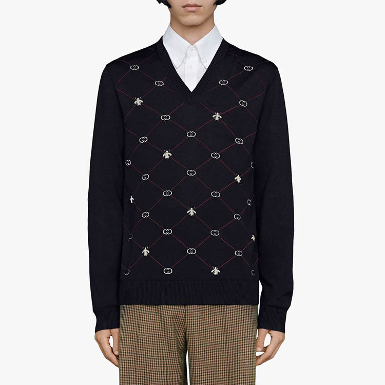 Gucci Jacquard-Motif V-neck Jumper 'Blue' 597739-XKA4I-4206