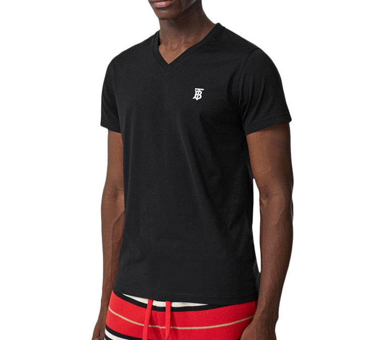 Men's Burberry SS20 Cotton Logo Pattern V neck Short Sleeve Black 8017255
